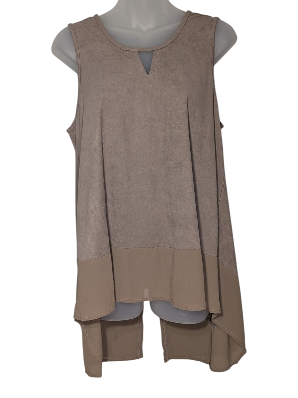 She + Sky Taupe Tan Two-Tone Faux Subble Suede Split Back Sleeveless Tank Top